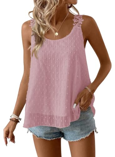 TUUHAW Spaghettiband damlinne luftigt ärmlöst sommar boho linne för kvinnor vardaglig rund urringning spetslinne skjorta, Rosa, XL