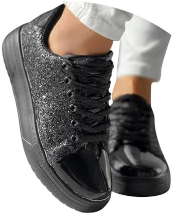 EQWIGKEIT Sneaker da donna con brillantini, scarpe da passeggio, traspiranti, scarpe da ginnastica lucide, leggere, con paillettes, per il tempo libero, classiche scarpe sportive, A7 nero, 37 EU