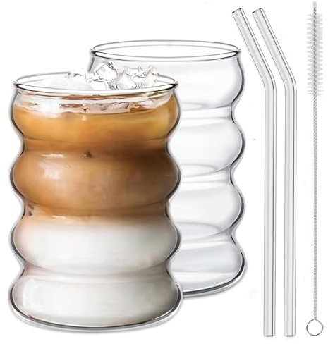 AUTOWNLUX 2 Stück Bubble Gläser, 350ml Gerippte Trinkgläser mit Glasstrohhalmen, dickwandige und robuste Smoothie Becher aus hochwertigem Glas, luftdichtes und wasserdichtes Design, ideal als Kaffee