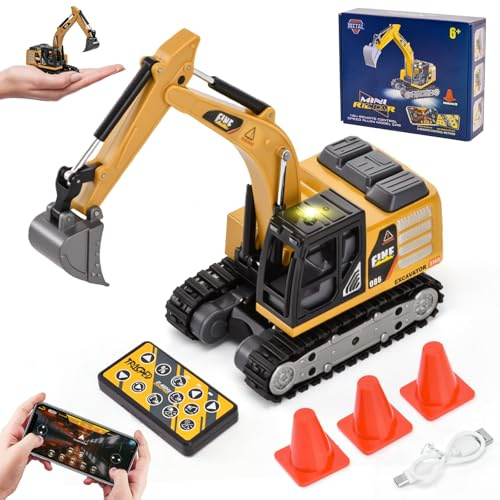 LTFIOON Mini Escavatore Telecomandato, 1:64 Escavatore RC Giocattolo in Metallo con App e Telecomando 2,4 GHz, Luci ed Effetti Sonori, 2 Velocità, Veicolo da Costruzione Telecomandato per Bambini