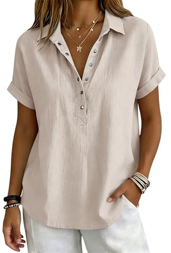 Generico Camicia Donna Estiva Blusa Elegante Manica Corta Cotone Lino Camicetta da Donna Maglia Estive Maglietta Casual Scollo a V con Bottoni T Shirt Tinta Unita Classico Tops