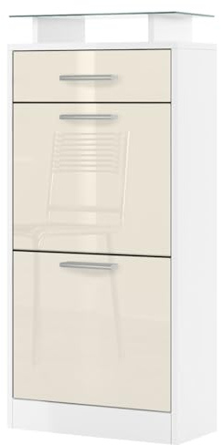 Vladon Schuhschrank Loret V2, Schuhkipper für 8 Paar Schuhe mit 2 Klappen, 1 Schublade und Glasablage, Weiß matt/Creme Hochglanz (46 x 104 x 23 cm)