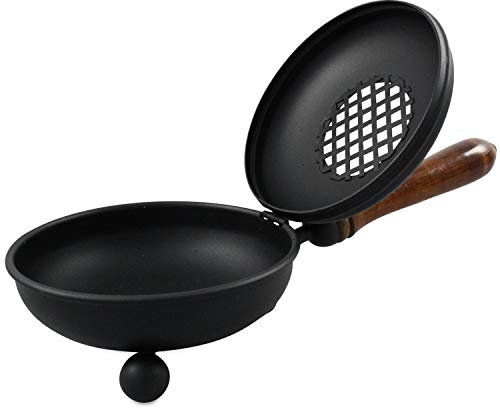 RÄUCHERPFANNE AUS Eisen – Schwarz, Ø 12 cm – Mit HOLZGRIFF, Länge insgesamt 26 cm, & aufklappbarem Deckel – WEIHRAUCHPFANNE für Räucherkohle – Handgefertigt – MaMeMi Markenqualität