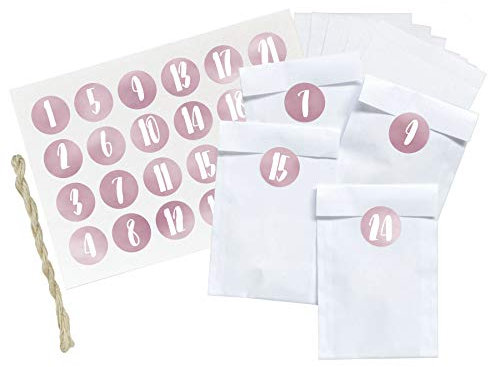 renna deluxe DIY ADVENTSKALENDER, ROSA zum Befüllen, Papiertüten in WEISS Zahlenaufkleber Handlettering, Landhausstil für Mädchen, stilvoll DIY Set, Hygge vintage scandi Stil | Made in Deutschland