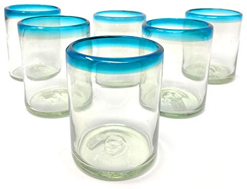 Dos Sueños Hand Blown Mexican Drinking Glasses - Set of 6 Tumbler Glasses with Aqua Blue Rims (10 oz each)