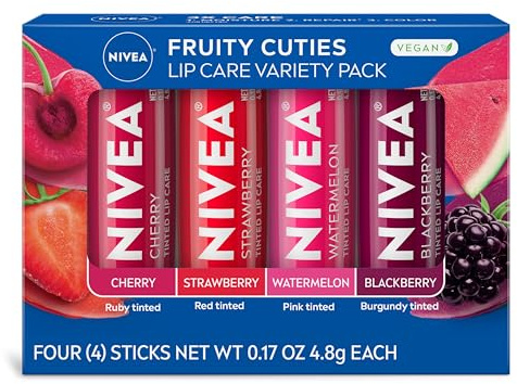 NIVEA Lip Care, Fruity Tinted Lip Balm Variety Pack, Cherry, Strawberry, Blackberry and Watermelon Flavors, 3-in-1 Moisture, Repair and Color, 0.17 Oz Stick, Pack of 4
