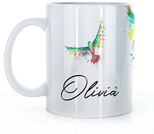 Hairyworm Personalised Mug with Custom Name (11oz) White, Yellow, Blue, Black, Pink Cup with Rainbow Bird Design, Bird Mug