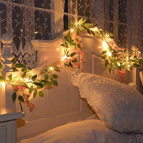 YOLIGHT Artificial Pink Wisteria Flower Garland Rattan String Lights 20 LED Fairy Vine Light Battery Powered Wreath Lamp for Wedding Home Birthday Garden Yard Patio Party(Pink Wisteria, 6.56FT/20LED)