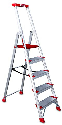 Faraone - Escalera de Aluminio EN945-5 peldaños - Escalera de Tijera Profesional - 188x48x15 cm - con Bandeja Portaobjetos y Barandilla - Peso soportado de hasta 150 kg