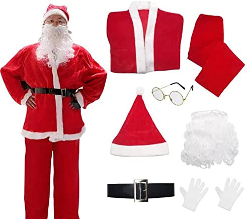 Carnavalife Costume da Babbo Natale per adulti, unisex, giacca, pantaloni, barba, occhiali, cappello, cintura e guanti, costume originale per Natale, 7 pezzi (XL)
