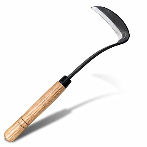 SHANFEEK Japanese Weeding Sickle Hoe Gardening Tools 13-Inch Weed Remover Tool High-Carbon Steel One-Piece Molding with Hard Solid Wood Handle(Snake-Necked)