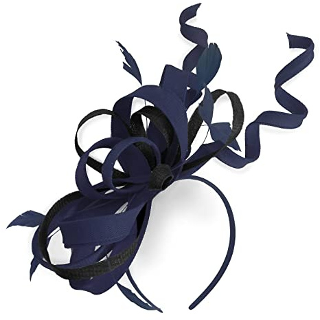 Caprilite Sombrero de tocado de remolino de mezcla azul marino en diadema de boda Ascot Races a medida Sinamay para damas, Azul marino y negro., Talla única