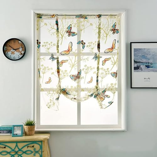 Devola Landhausstil Raffrollo Schmetterlings-Motiven Raffgardinen transparent Voile Vorhänge Küche Faltvorhang Modern Rollo mit Kordelzug Heimdekoration Fensterschal BxH 100x120cm Weiß 1er Pack