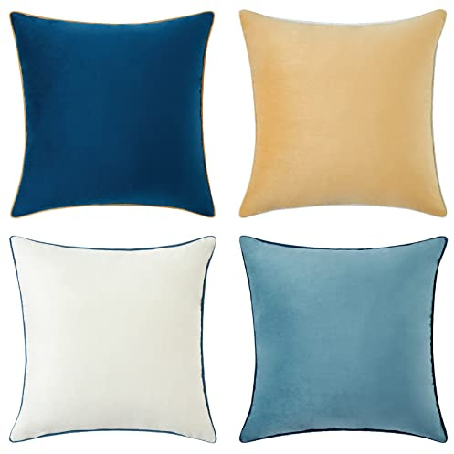 MONDAY MOOSE Decorative Throw Pillow Covers Cushion Cases, Set of 4 Soft Velvet Modern Double-Sided Designs, Mix and Match for Home Decor, Pillow Inserts Not Included (20x20 inch, Blue/Beige)