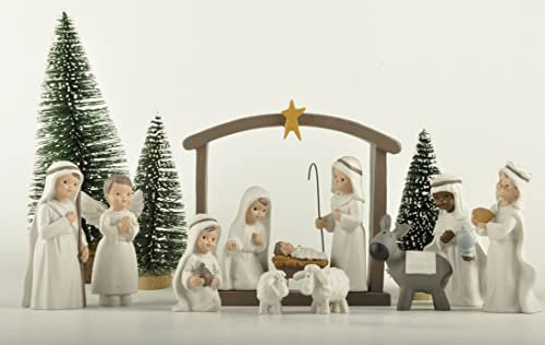 Nativity Scene Set, 12-Piece Holy Family Figurine - Hand Painted Mini Decorative Religious Christmas Figurines, Nativity Sets Including Baby Jesus, Mary and Joseph, Resin, Cream White