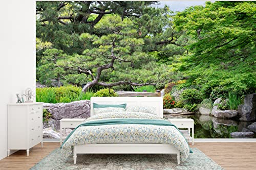 Selbstklebend Tapete Wandpapier Wandaufkleber Fototapete Tapeten Wanddeko 400x300 cm Japanisch - Natur - Wasser - Steine - Bäume