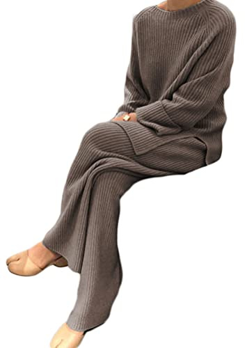 Onsoyours Damen Strickanzug 2 Stück Langarm Strickpullover Und Lange Jogginghose Zweiteilige Beiläufig Outfit Freizeitanzug Sportanzug Loungewear Set Kamel XXL
