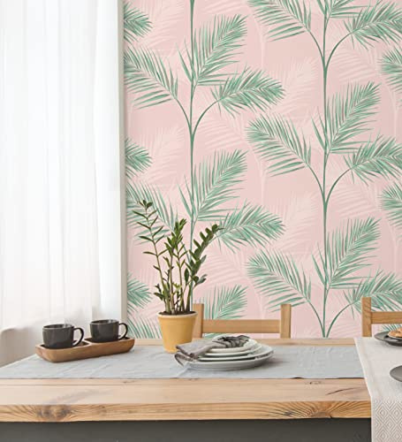 GAULAN 680913 Papier peint lessivable feuilles de palmiers tropicaux vert et rose pâle pour mur salon chambre salle à mange tête de lit - Rouleaux de 10 m x 0,53 m
