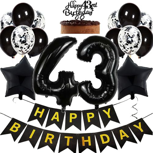 Feelairy Decorazioni di Compleanno 43 anni Uomo, Kit di Palloncini Compleanno per Feste 43 anni Donna, Topper per Torta Happy Birthday Decorazioni, Nero Addobbi Compleanno 43 anni Donna Uomo