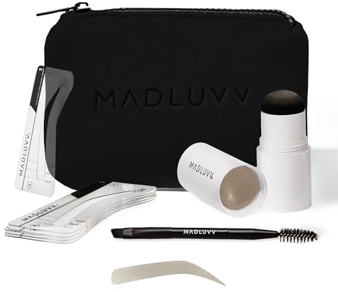 MADLUVV Brow Stamp Kit with Brow Stencils – Easy Eyebrow Shaper for Natural-Looking Brows – Popular Eyebrow Stencil Kit Used by Professionals – 9 Shapes, Spoolie, Travel Bag & Stamp (Taupe)