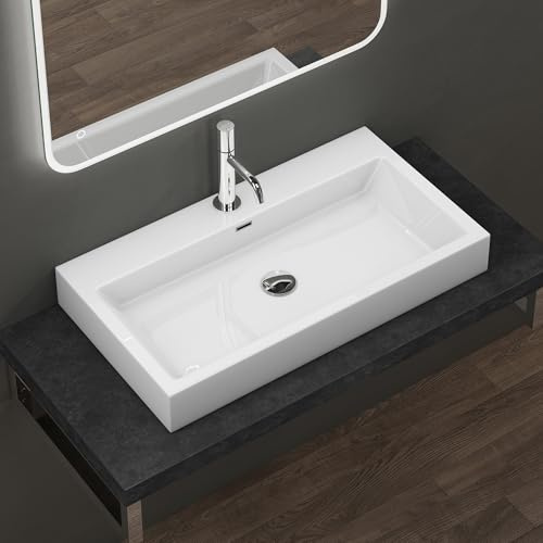 doporro Waschbecken Waschtisch aus Mineralguss 76.5x42x10cm Weiß | Aufsatzwaschbecken Hängewaschbecken Waschplätze Leicht zu reinigen Rechteckiger Überlauf In einem Stück gegossen Colossum06