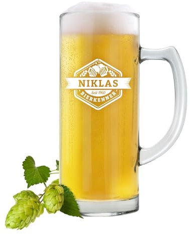 AMAVEL Bierkrug mit Gravur, Glaskrug mit Namen und Jahr, Motiv Bierkenner, Personalisierter Krug mit Griff, Bierglas mit Gravur, Bierbecher, Biergeschenke, Biergläser, Geschenke für Männer, 500 ml