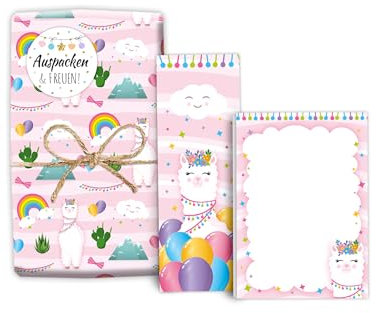 Mitgebsel-Set 12 Geschenkpapierbögen + 12 Lesezeichen + 12 Mini-Notizblöcken + 12 Aufkleber Lama Gastgeschenke für Mädchengeburtstag Mädchen Kindergeburtstag Giveaways