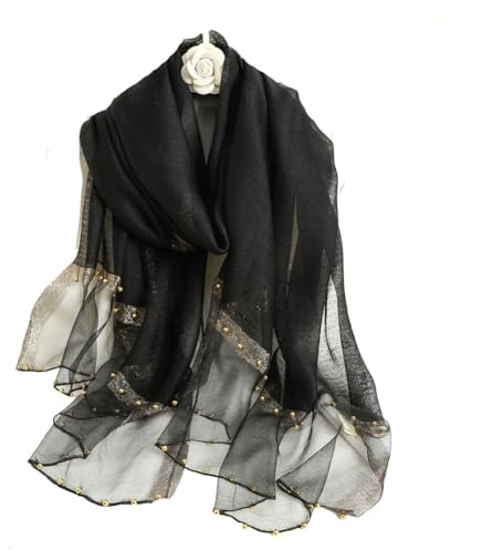 Yurosiay Damen Chiffon Schal Lange Einfarbiger Chiffon Tücher Mit Perlen Mode Seide Nähte Tüll Design Stola Dünne Simulation Seidenschal Festliche Stola für Abendkleid Hochzeit 70×190cm Schwarz