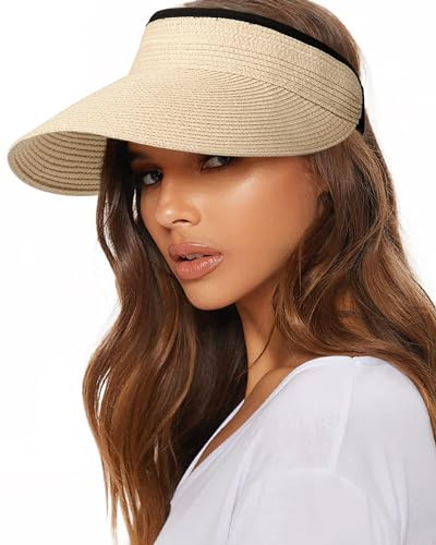 FURTALK Sun Straw Visor for Women Summer Packable Ponytail Beach UPF 80+ Sun Hats for Travel