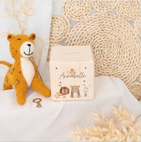 wunderwunsch® - Personalisierte Spardose Kinder aus Holz mit Metallschloss - Spardose mit Namen mit kinderfreundlichem UV-Druck zum Sparen für Kinderträume