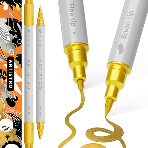 ARTISTRO 2 Gold Acrylic Paint Markeralar, Dual Tip (Brush + Fine 1 mm), för Textil, Färg, Sten, Glas, Träd, Papir, DIY, Markeralar för Barn och Vuxna
