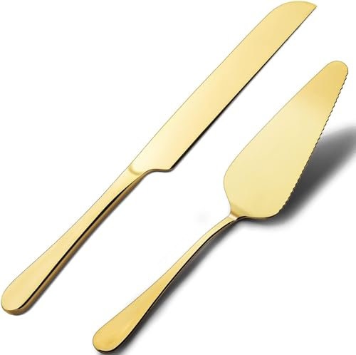 Golden Wedding Cake Knife and Server Set, Exquisite Cake Knife and Pie Server Stainless Steel Wedding Cake Cutter and Server Set for Weddings, Birthdays and Special Occasions