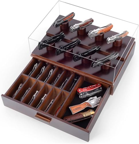 ULTRGEE Messer-Vitrine, Taschenmesser-Sammlungshalter, Klappmesser, Holzvitrine, Organizer, Aufbewahrung mit Schubladen und Acryl-Abdeckung, Überraschungsgeschenk für Männer
