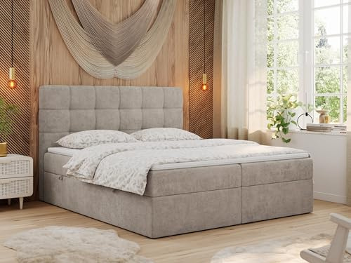 MKS MEBLE Boxspringbett mit Matratze, Bett mit Multipocket - Matratze und Topper T25, Polsterbett mit Bettkasten und Kopfteil, ERNI (200x200 cm, H3 Beige, Stukture)