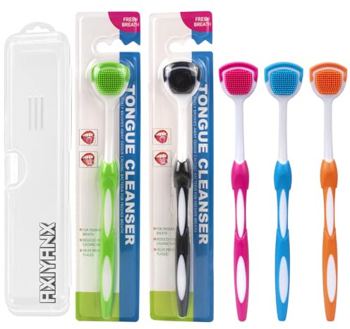 e Scraper and Brush for Adults, 5-Pack with Travel Case, Micro Bristle Tongue Cleaner (5 Colors)