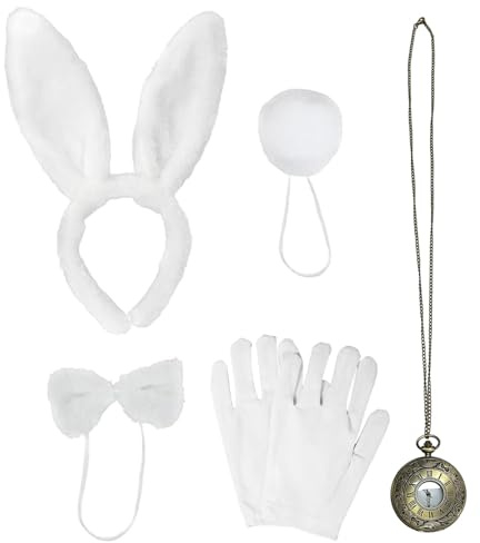UILYNIU 5 Pièces Blanc Accessoires de Costume de Lapin Enfants Adultes Oreilles de Lapin Nœud Papillon Gants Blancs Queue de Lapin Horloge Deguisement Lapin pour Pâques Fête Halloween(Blanc)
