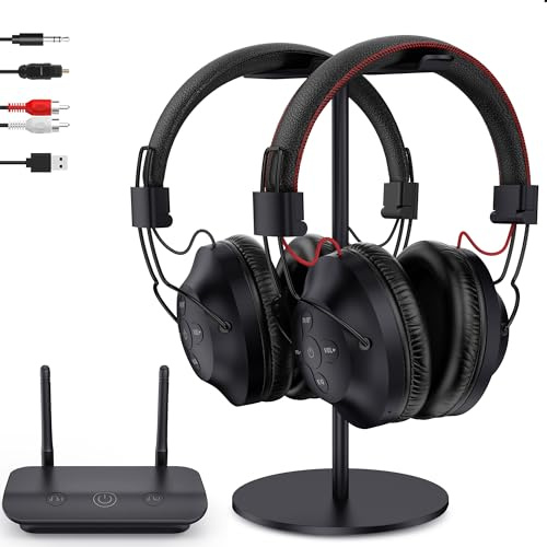 ROSIDA Auriculares inalámbricos duales para ver la televisión con transmisor, soporte para auriculares, auriculares de TV para personas mayores, rango de 295 pies con óptico, AUX, RCA, USB, control de