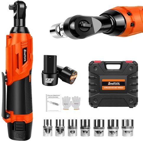 YouseaHome Akku-Ratsche Elektrischer Ratschenschlüssel Kit mit 2x1500mAh Akkus und Ladegerät, 3/8 12V Power Elektro-Ratschenschrauber mit 7 Steckdosen, 2300RPM Variable Geschwindigkeiten