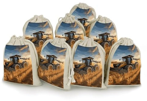 NQHJT 8 Stück Bauernhof-Traktor-Ernte-Baumwollbeutel mit Kordelzug, kleine Aufbewahrungstasche, wiederverwendbare Musselin-Tasche für Party, Hochzeit, Heimbedarf, Weihnachtsgeschenktasche