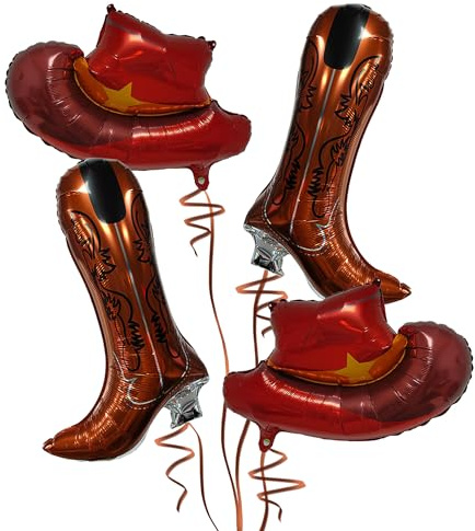 4 Pcs Western Themed Party Balloons,Brown Cowboy Hat And Boot Aluminum Foil Balloons for Western Themed Birthday Party Decorations Last Rodeo Bachelorette Party Supplies (Dark Brown)