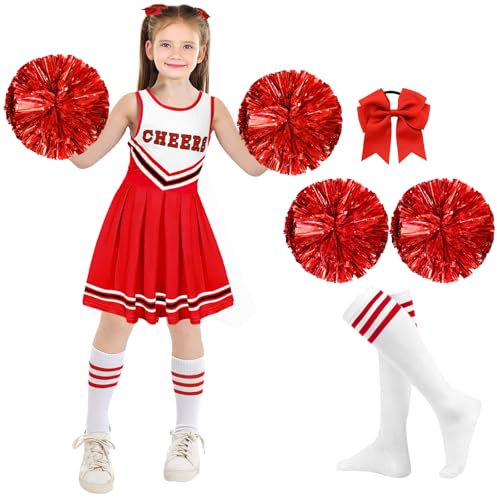 shengo Cheerleader Kostüm Kinder Cheerleader Kleid, Mädchen Cheerleader Kostüm mit Cheerleader Pompons, Damen High School Cheerleader Kostüm für Karneval Halloween Kostüm Party (Red, 8-9Y)