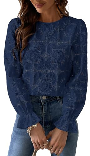 CUPSHE Women's Long Sleeve Blouse Made of Broderie Anglaise, with Floral Pattern, Elegant Round Neck, Women’s Top with Puff Sleeves, darkblue, M