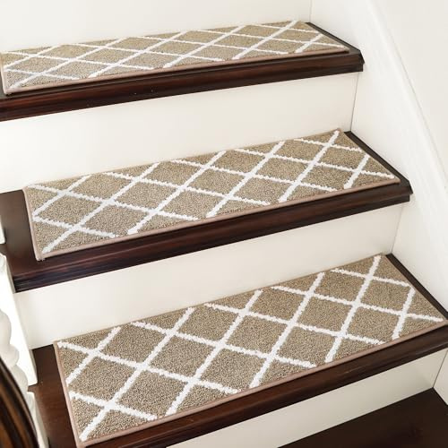 COSY HOMEER 15 Stück Treppenstufen Matten, 70 x 22cm Anti Rutsch Stufenmatten Selbstklebend, Maschinenwaschbar, 100% Polyester, TPE-Rücken, Ideal für Kinder, Senioren und Haustiere, Beige Weiß