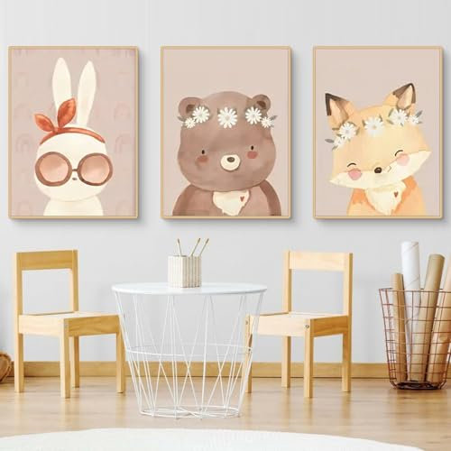 Ueiwffzo 3er Bilder Kinderzimmer Deko, Cartoon Bär Hase Fuchs Tiere Leinwand Bilder Ohne Rahmen Wandbilder Bilder Deko Poster Set Babyzimmer Deko (30x40cm)