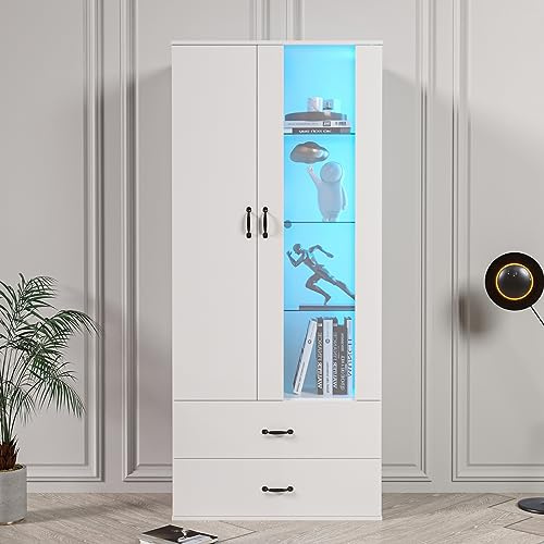 Merax Weiße Hochglanzvitrine mit Led Beleuchtung, Vitrinenschrank mit 2 Türen, 2 Schubladen und 3 Glasboden, Standvitrine Weiße LED-Vitrine, Wohnzimmer Hochregal, 59,5x35x182cm