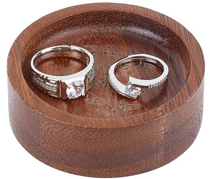 PH PandaHall Plateau à Bagues en Bois Support à Bagues Gravé Plateau à Bijoux Plat Rond en Bois Plateau de Présentation de Bijoux avec Fleur Gravée pour Cadeau de Fiançailles de Mariage 6.7cm