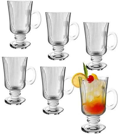 Altom Design Geriffelte Kaffeegläser, 6er Set, 245ml, Teegläser aus Glas Trinkgläser für Tee, Kaffee, Irish Coffee, Kaffeetassen mit Henkel,