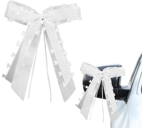 THXFUNAREA 12 Lazos de Boda Coche con Corazones Blanco - Hecho a Mano - Cinta de Satén - Fácil de Atar - Lazos Blanco Corazón - Decoración de Boda