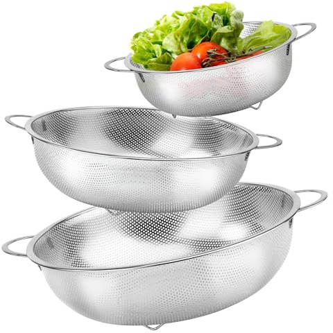 Passoire de Cuisine, 3pcs Egouttoir Pates en Acier Inoxydable avec Poignée, Tamis de Cuisine micro-perforées pour Pâtes Légumes Fruits Riz, Passe au Lave-vaisselle, 16/22/28 cm