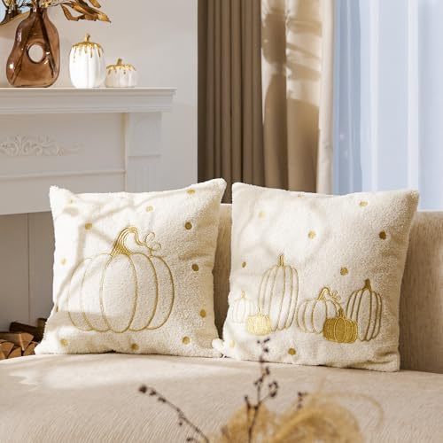 DN DECONATION 2er Set Kissenbezug Kürbis Herbst Deko 45x45 Beige und Gold Kissenbezüge Teddy-Flor Kissenhülle Herbstkissen Sofakissenbezug für Wohnzimmer Schlafzimmer Bett